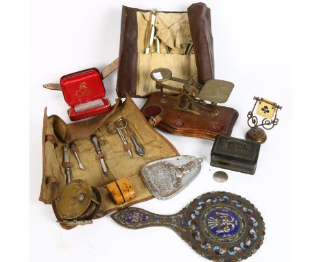 Victorian letter scales, Bridge marker, drawing instruments, miniature brass fishing reel etc 
