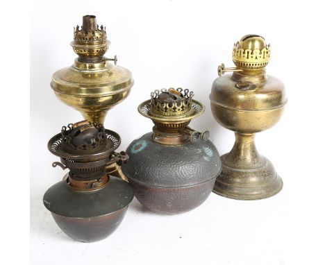 4 various brass oil lamps, and 2 copper oil lamp fittings (6) 