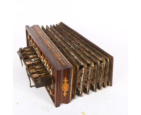 A 19th century rosewood marquetry inlaid accordion flutina, by Busson of Paris, with mother-of-pearl keys, length 30cm 