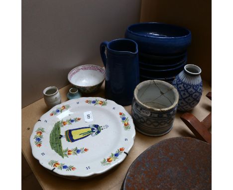 Quimper plates, 24.5cm, blue glazed earthenware jug and plates etc 