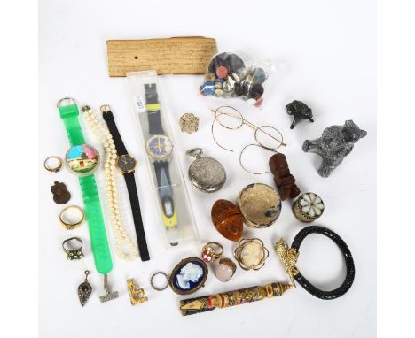 Various collectables, including spectacles, treen egg needle case, Swatch watch etc 