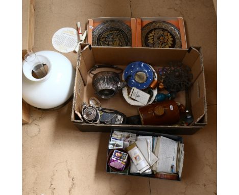 An oil lamp, plated items, cigarette cards etc 