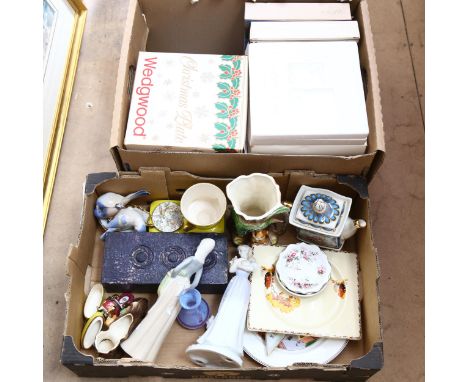 2 boxes of various ceramic figures, Wedgwood plates, collector's plates etc 