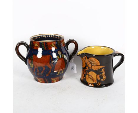 A Continental ceramic glazed 2-handled pot, height 18cm, and a Hans Schneider Folk Art pottery jug, height 13cm (2) 