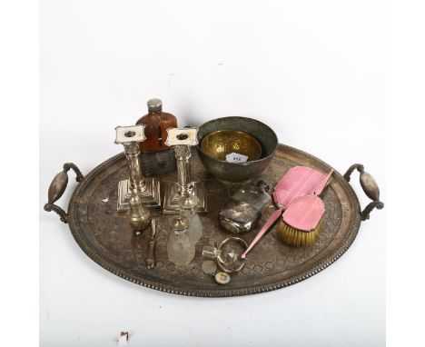 An early 20th century silver and pink enamel dressing table brush and hand mirror, a pair of Corinthian column design plated 