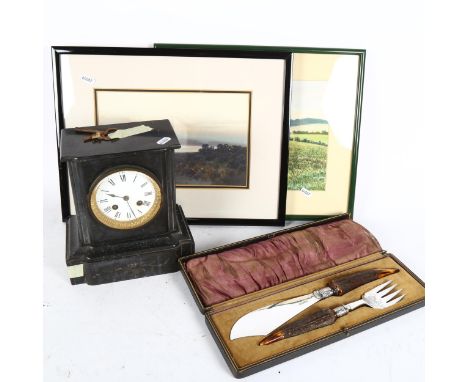 Cased staghorn-handled servers, 2 watercolours, landscapes, and a slate mantel clock 