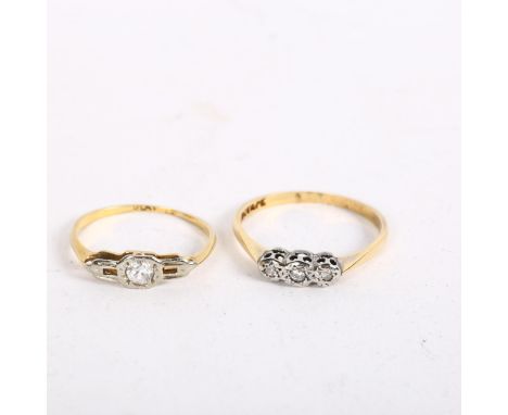 An 18ct gold white sapphire ring, and an 18ct gold three stone diamond ring 