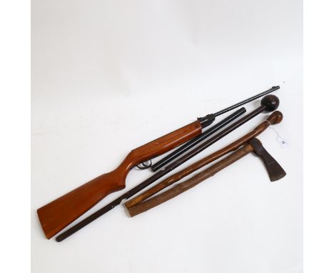 An African hardwood knobkerry, hatchet, tipstaff etc (4) 