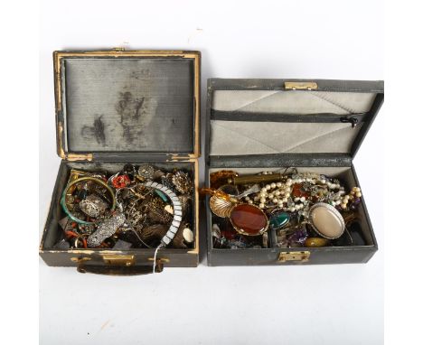 2 boxes of Vintage and other costume jewellery, to include pearl and amethyst necklaces, coral earrings, filigree jewellery, 