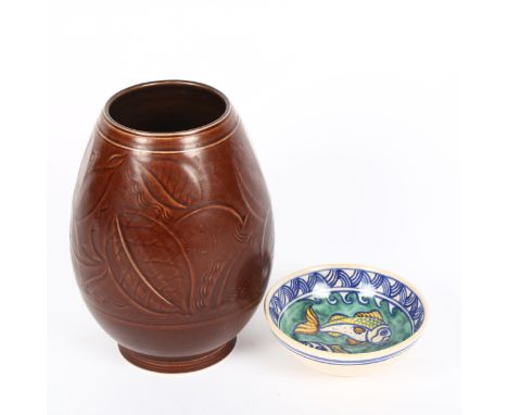 A Royal Copenhagen brown glaze ceramic ovoid vase, model no. 1671, height 16cm, and a smaller ceramic dish (2) 