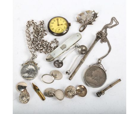 A silver and mother-of-pearl bladed fruit knife, silver brooches, chain, cufflinks etc 