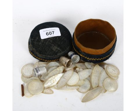 A collection of Chinese mother-of-pearl gaming counters, and 3 thimbles 