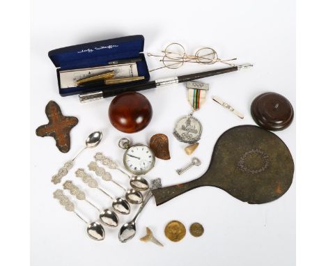 Various collectables, including Chinese character mark teaspoons, 1947 London Olympic Games medal, pocket watch etc 