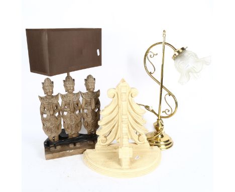 A brass desk lamp with moulded glass shade, 49.5cm, an Eastern figure table lamp, and a wall bracket 