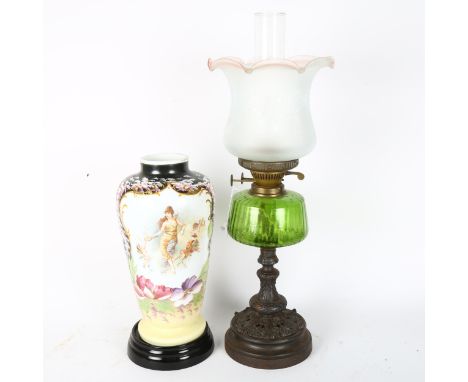 A Vintage oil lamp and milk glass vase, largest height 60cm (2) 