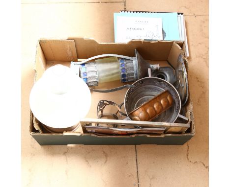 Copper oil lamp, lantern, metalware catalogues etc 