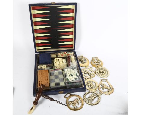 Travelling games box, Antique steel corkscrew, horse brasses etc 