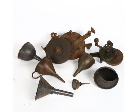 A Domestico no. 5 grinder, various oil funnels etc 
