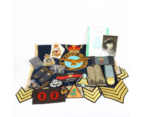 RAF uniform badges, pennant, belt, epaulettes etc 