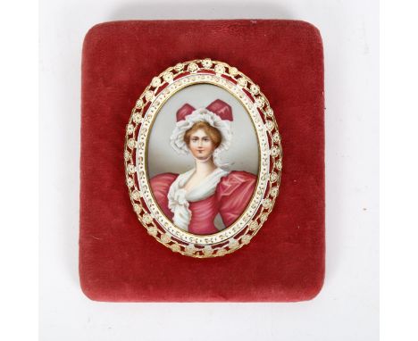 A miniature printed porcelain portrait, in brass floral frame, overall 16cm x 14cm 