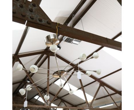 A retro 12-branch polished metal ceiling light fitting, 60cm across approx, a glass pendant light shade and 2 others 