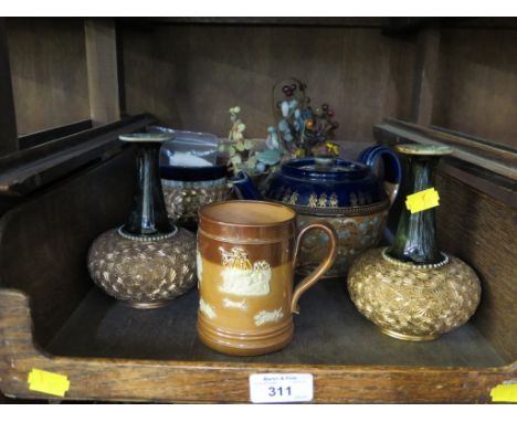 A pair of Royal Doulton stoneware vases with gilt decoration, a similar vase, teapot and stoneware mug, and a Chinese hardsto