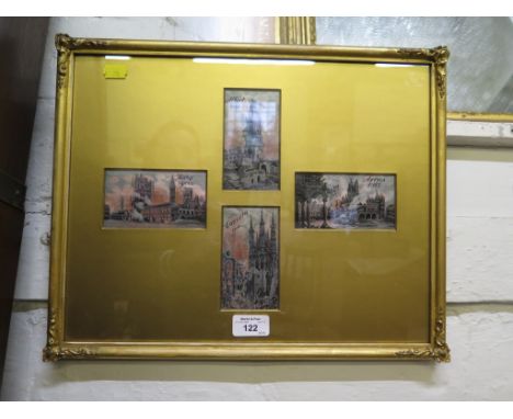 Four fire series stevengraph type silks, World War I : Albert 1914, Louvain 1914, Martyr Ypres, Arras 1915, each 6 x 11cm, mo