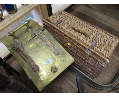 An Edwardian brass and copper coal box, a copper coal helmet, a brass fender, fire screen, small bedpan and picnic hamper