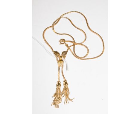 An 18 carat gold tasseled pendant, on a flat link neck chain