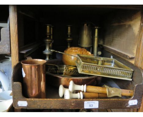 Three ceramic organ stops, a pair of brass candlesticks, two other brass candlesticks, other brassware,a copper bowl, and a c