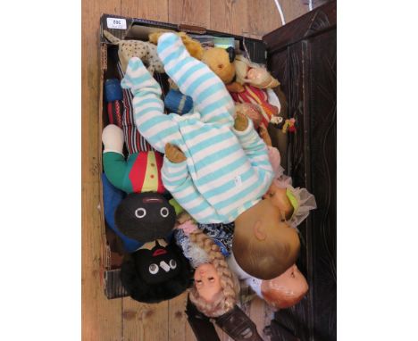 A French celluloid SNF doll 50cm, composition and plastic dolls, velvet Dismal Desmond, Sooty glove puppet, two gollies