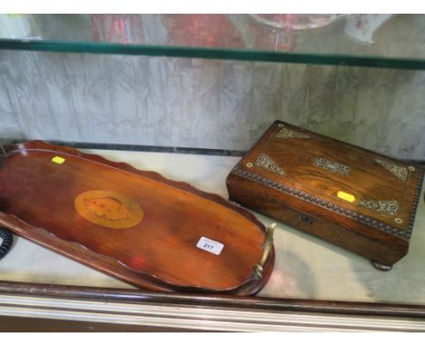 An Edwardian mahogany oval tray, with shell inlay and wavy gallery, 56cm, a rosewood and mother of pearl sewing box and a bra