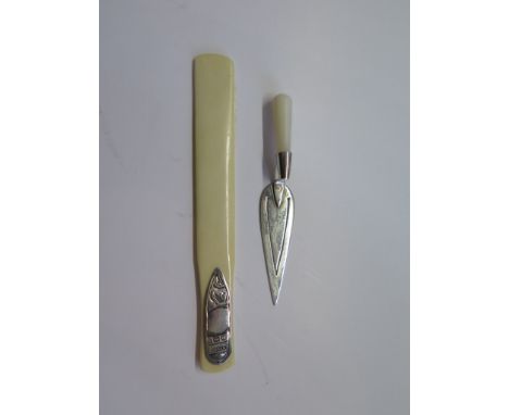 Two bookmarks, silver 925 trowel with mother of pearl handle and a miniature page turner ivory with silver mount London 1908