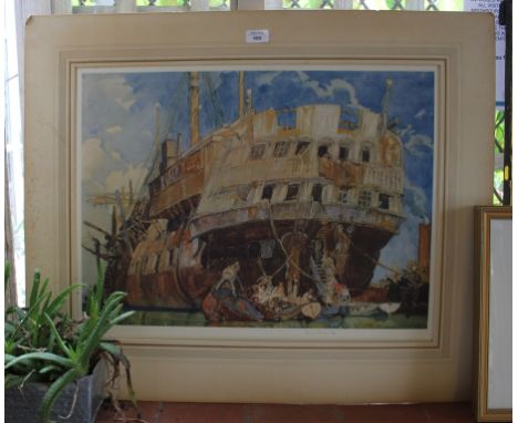 Sir Frank Brangwyn RA RWS RBA (1867 -1956) Galleon under construction Colour lithograph Signed in pencil, published by F. Lew