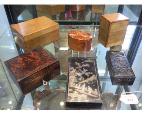 Six wood boxes including an Oriental mother of pearl inlaid black lacquer box, 8cm to 17cm (6)