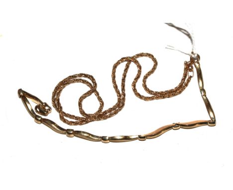 A 9 carat gold rope design neck chain and a gold bracelet