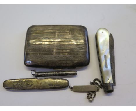 A silver cigarette case, a silver toothpick, a silver penknife, etc