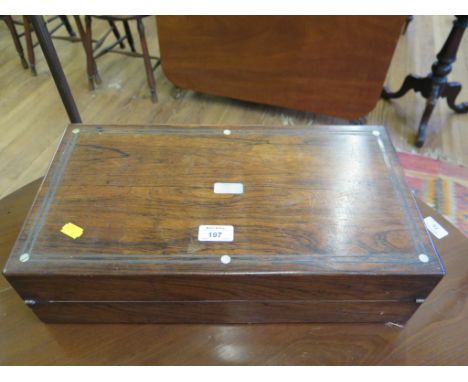 A rosewood and mother of pearl inlaid writing box, with fitted interior 45.5cm wide, and a reproduction photograph of Peach S