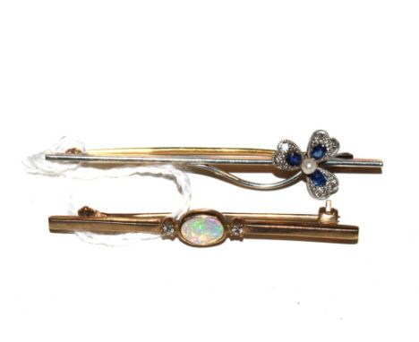 A sapphire and diamond set three leaf clover bar brooch together with an opal and diamond bar brooch