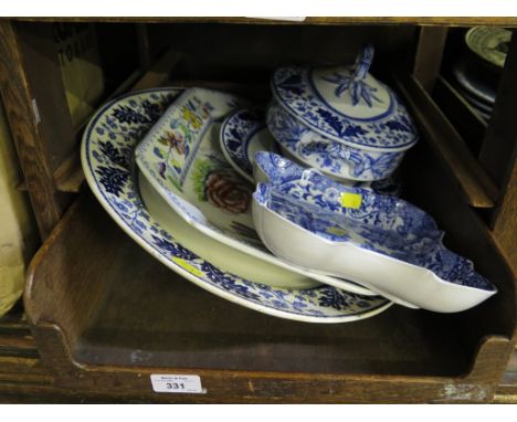 A Deak blue and white meatplate, matching tureen, cover and plate, a Masons meat plate and a Copeland Spode Italian pattern d