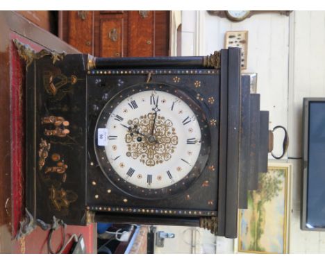 A 19th century continental Chinoiserie bracket clock, with stepped top over a gilt painted enamel dial flanked by columns ove