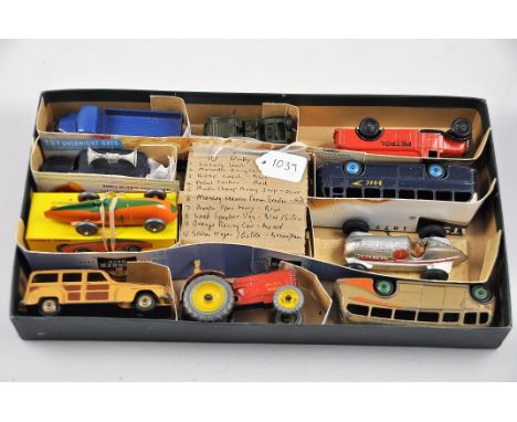 10 X DINKY CARS - LUXURY COACH BROWN AND ORANGE, MERCEDES RACING CAR SILVER, BOAC COACH BLUE AND WHITE, PETROL TANKER RED, AU