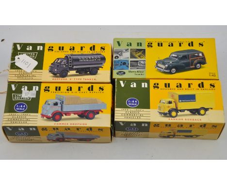 4 X VAN GUARDS 1:64 SCALE MODELS, MORRIS MINOR TRAVELLER, RAIL EXPRESS PARCELS, COURAGE BEERS AND HOLTON & SONS DROPSIDE LORR