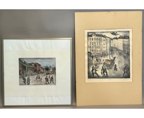 Kurt MÜHLENHAUPT (1921 - 2006). Zwei Straßenszenen in Berlin.Lithographie, aquarelliert. 1x Circa 25 cm x 33 cm. Circa 62 cm 