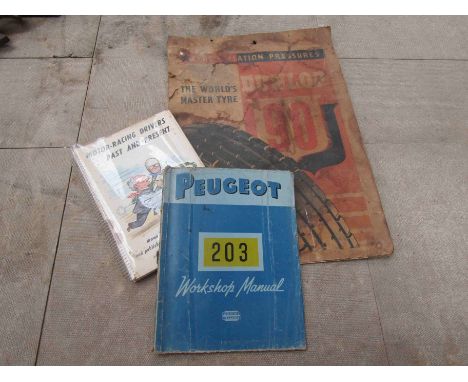 'Motor-Racing Drivers past and Present', a Peugeot 203 workshop manual and a Dunlop 90 inflation pressures chart covering car