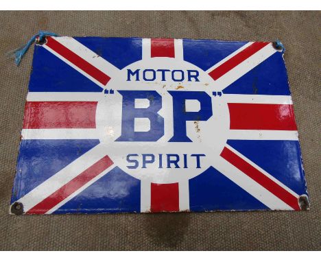 An enamel sign "BP Motor Spirit" 20cm x 30cm