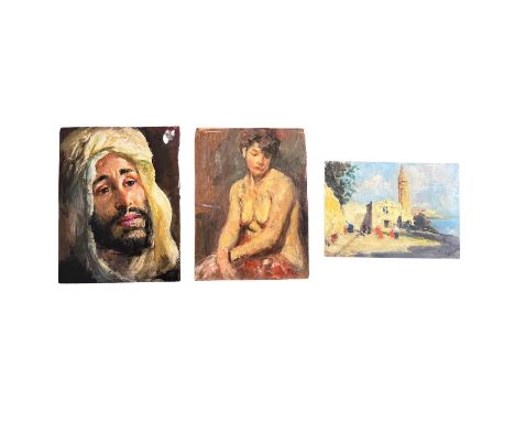 Portrait of an Oriental man, landscape, portrait of a woman. Lot of three small oil paintings on panel, 20th-century period, 