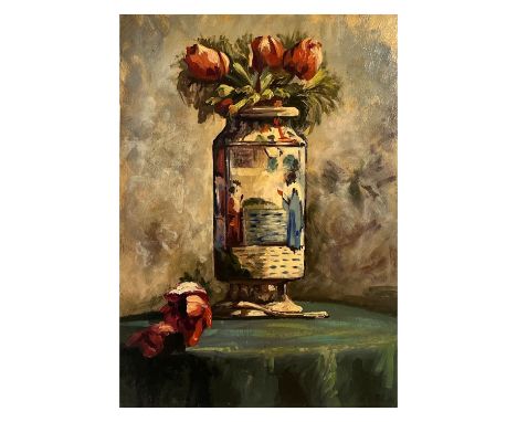 Composition of flowers and a vase. Oil painting on panel, 20th-century period, depicting a composition of flowers and a vase.