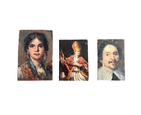Portrait of a woman, portrait of a saint, portrait of a man. Lot of three small oil paintings on panel, 20th-century period, 
