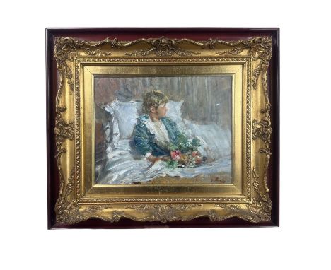 G. Panza (1894 - 1989) - Child in bed with flowers. Oil painting on panel, 20th-century period, depicting a Child in bed with